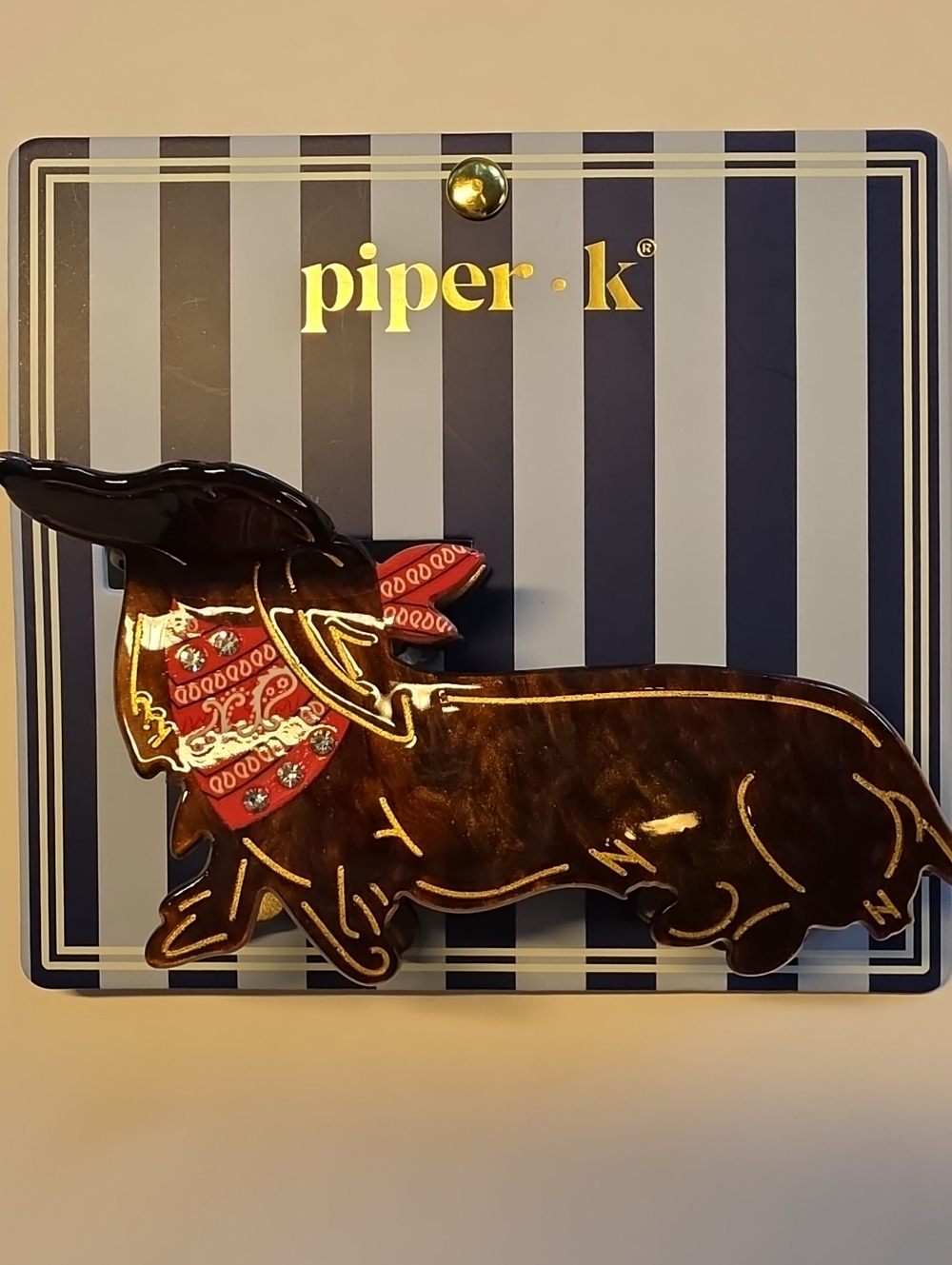 Piper •k Dachshund Hair Clip - Brown with Red Bandana NWOT
